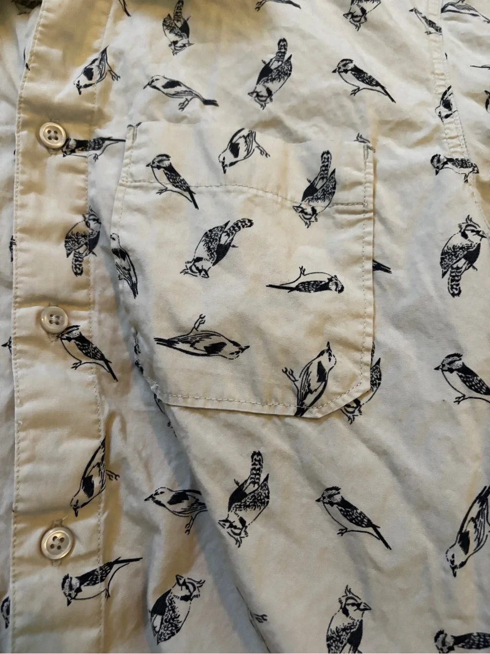North Face Cream Short-Sleeve Button-Up Shirt with Black Bird Print worn once